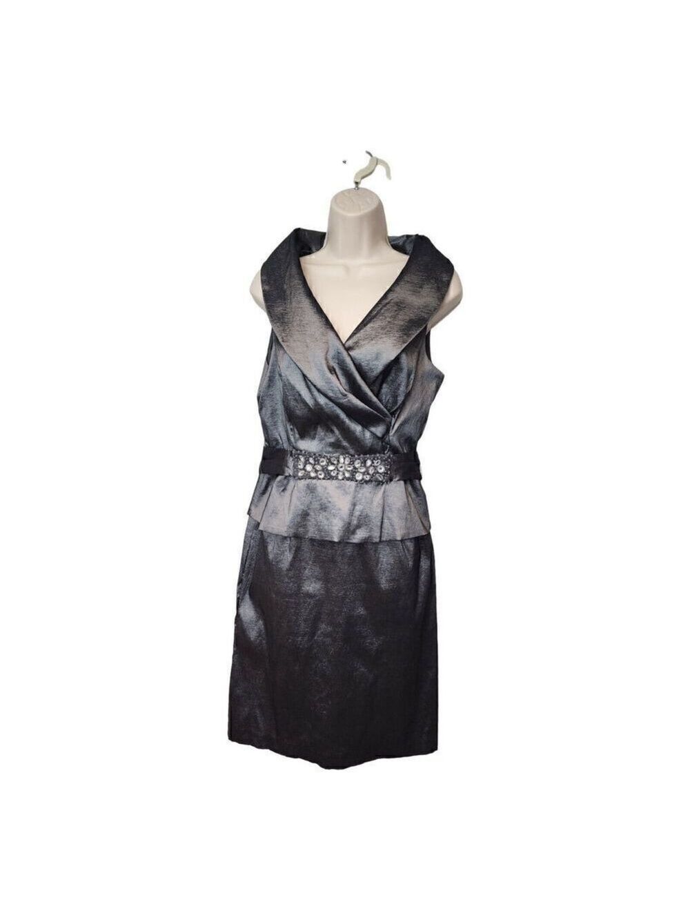Nero Shawl Neckline Sleeveless Sequin Accent Metallic Silver Knee-Length Sz 14